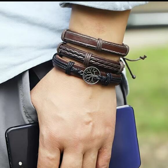 Set 6 Tree of Life Leather Braided Bracelets Unisex Adjustable Multilayer - Picture 4 of 5